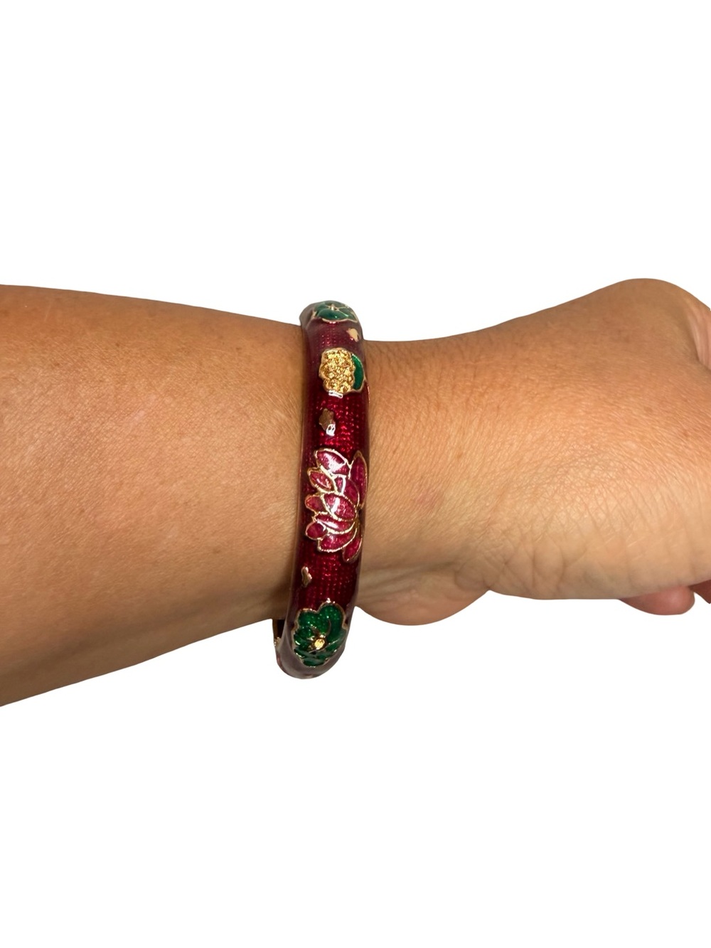 Jiu Long Xing Bengal Red Cloisonne Enamel Lotus Floral Hinged Bangle Bracelet - Picture 2 of 8